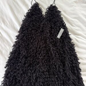 For Love & Lemons Black Fuzzy Fringe Spaghetti Strap Dress